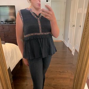 THML - blue distressed tank top with embroidery - S